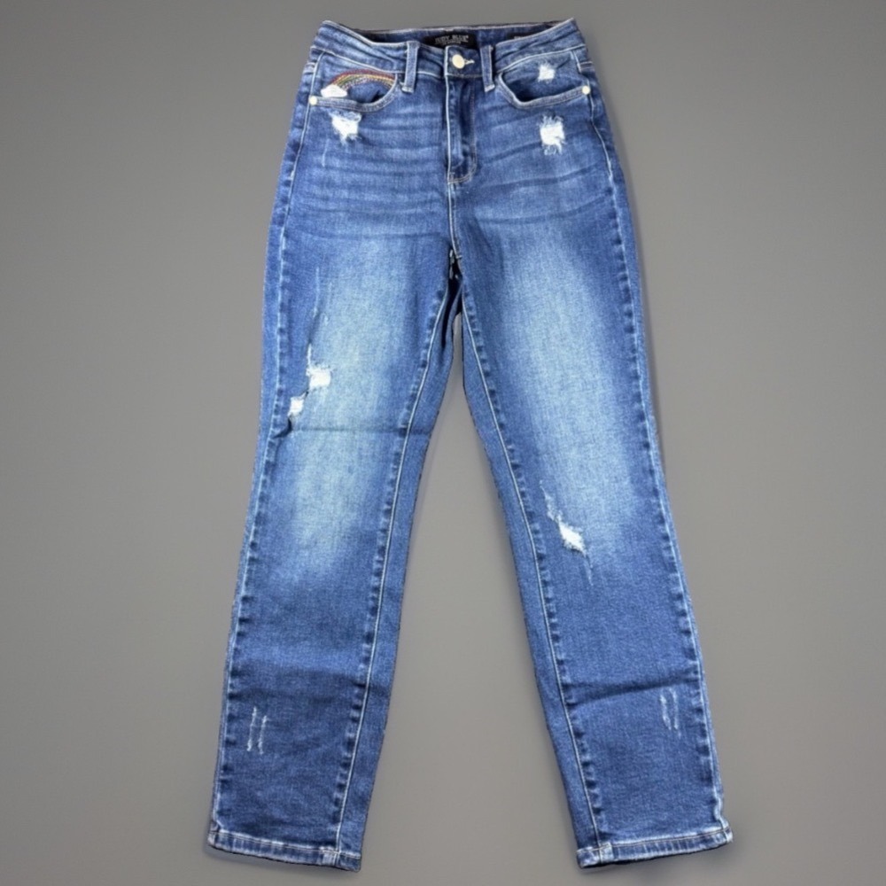 Judy Blue Rainbow Embroidered Distressed Straight Leg Jeans Blue 3/26 JB88438 MD